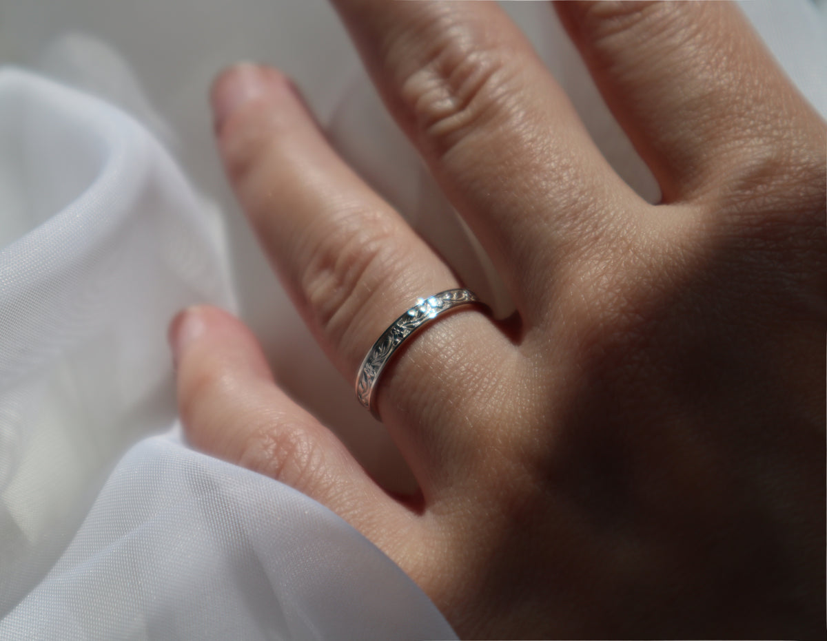 Sterling Silver Floral Ring, Garden Inspired Wedding Band, Handmade Polished Silver
