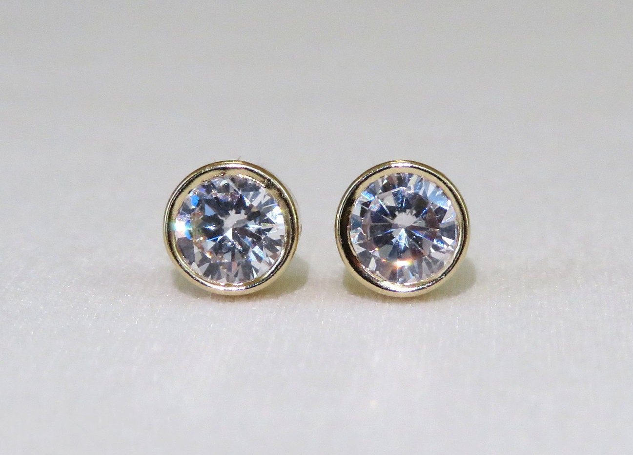 14k Solid Gold CZ Stud Earrings - 5.5mm Bezel Set
