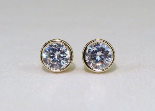 14k Solid Gold CZ Stud Earrings - 5.5mm Bezel Set