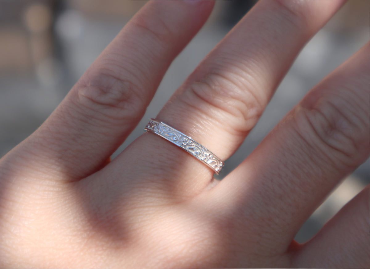 Sterling Silver Floral Ring, Garden Inspired Wedding Band, Handmade Polished Silver