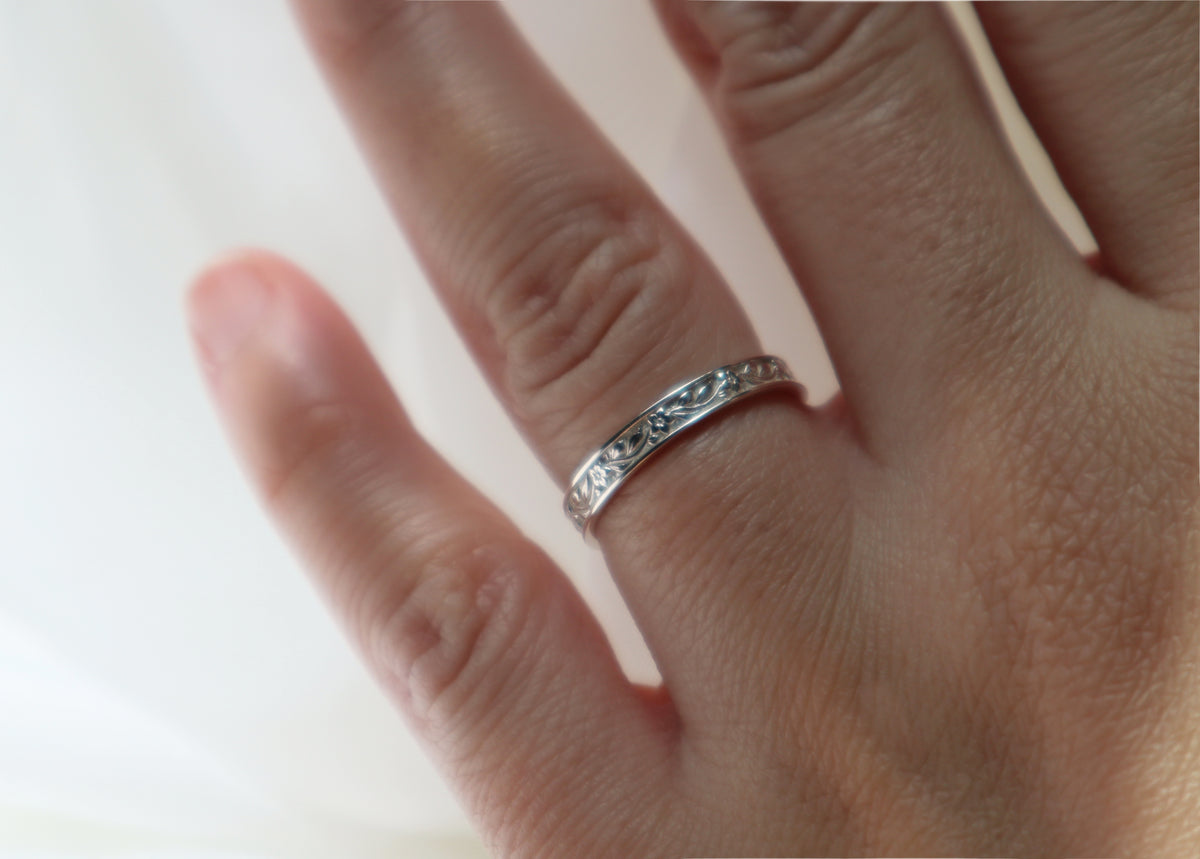 Sterling Silver Floral Ring, Garden Inspired Wedding Band, Handmade Polished Silver
